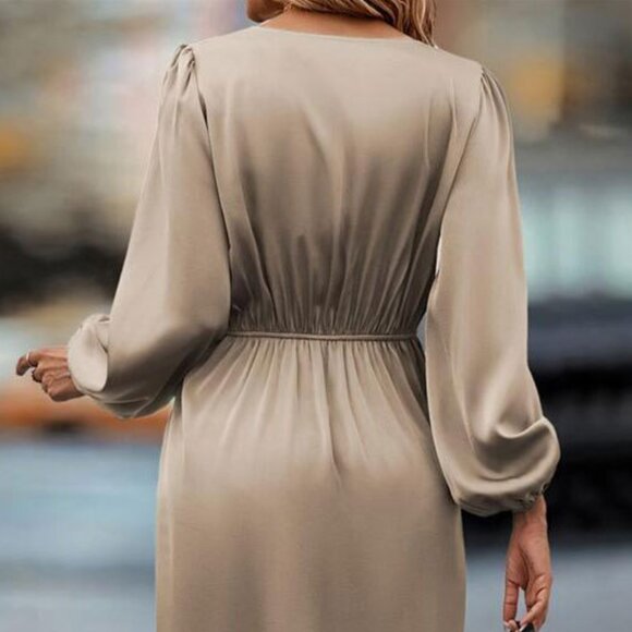High-Low Surplice Balloon Sleeve Midi Dress | Sheath Formal Solid Dress - Picture 8 of 9